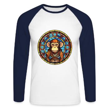 Monkey Colorful Watercolor Animal Pet Illustration - Unisex Long Sleeve Baseball T-Shirt - white/navy - Front - Nik (191cm)