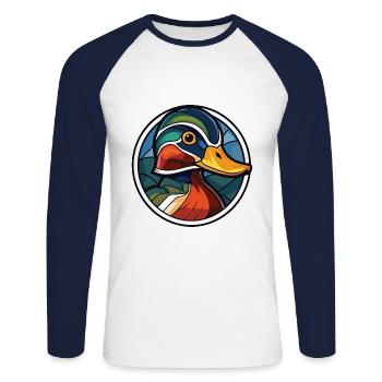 Mandarinente Bunte Aquarell-Tier-Karikatur - Unisex Baseballshirt langarm - Weiß/Navy - Vorne - Nik (191cm)