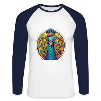 Pfau Buntes Aquarell Tier Illustration - Unisex Baseballshirt langarm - Weiß/Navy - Vorne - Nik (191cm)