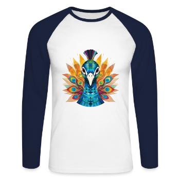 Pfau Buntes Aquarell Tier Illustration - Unisex Baseballshirt langarm - Weiß/Navy - Vorne - Nik (191cm)
