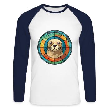 Seal Colorful Watercolor Animal Pet Illustration - Unisex Long Sleeve Baseball T-Shirt - white/navy - Front - Nik (191cm)
