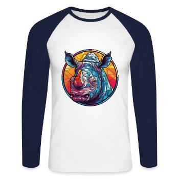 Rhino Colorful Watercolor Animal Pet Illustration - Unisex Long Sleeve Baseball T-Shirt - white/navy - Front - Nik (191cm)