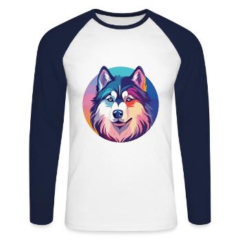 Husky Colorful Watercolor Animal Pet Illustration - Unisex Long Sleeve Baseball T-Shirt - white/navy - Front - Nik (191cm)
