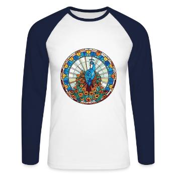 Pfau Buntes Aquarell Tier Illustration - Unisex Baseballshirt langarm - Weiß/Navy - Vorne - Nik (191cm)
