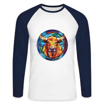 Bull Colorful Watercolor Animal Pet Illustration - Unisex Long Sleeve Baseball T-Shirt - white/navy - Front - Nik (191cm)