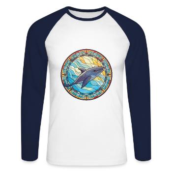 Blue Whale Colorful Watercolor Animal Illustration - Unisex Long Sleeve Baseball T-Shirt - white/navy - Front - Nik (191cm)