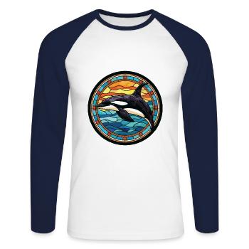 Orca Colorful Watercolor Animal Pet Illustration - Unisex Long Sleeve Baseball T-Shirt - white/navy - Front - Nik (191cm)