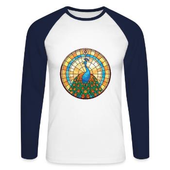 Pfau Buntes Aquarell Tier Illustration - Unisex Baseballshirt langarm - Weiß/Navy - Vorne - Nik (191cm)
