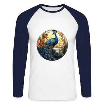 Peacock Colorful Watercolor Animal Illustration - Unisex Long Sleeve Baseball T-Shirt - white/navy - Front - Nik (191cm)