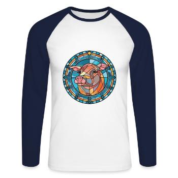 Pig Colorful Watercolor Animal Pet Illustration - Unisex Long Sleeve Baseball T-Shirt - white/navy - Front - Nik (191cm)