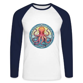 Oktopus bunte Aquarell-Tier-Illustration - Unisex Baseballshirt langarm - Weiß/Navy - Vorne - Nik (191cm)