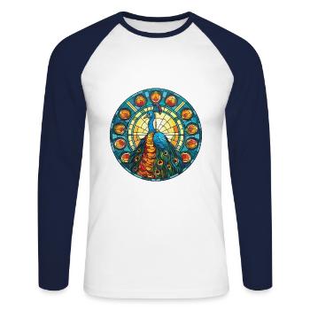 Peacock Colorful Watercolor Animal Illustration - Unisex Long Sleeve Baseball T-Shirt - white/navy - Front - Nik (191cm)