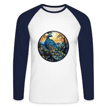 Peacock Colorful Watercolor Animal Illustration - Unisex Long Sleeve Baseball T-Shirt - white/navy - Front - Nik (191cm)