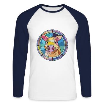 Pig Colorful Watercolor Animal Pet Illustration - Unisex Long Sleeve Baseball T-Shirt - white/navy - Front - Nik (191cm)