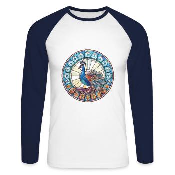 Peacock Colorful Watercolor Animal Illustration - Unisex Long Sleeve Baseball T-Shirt - white/navy - Front - Nik (191cm)