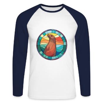 Lion de mer coloré aquarelle Animal Illustration - T-shirt baseball manches longues Homme - blanc/marine - Devant - Nik (191cm)