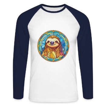 Faultier buntes Aquarell Tier Haustier Illustration - Unisex Baseballshirt langarm - Weiß/Navy - Vorne - Nik (191cm)