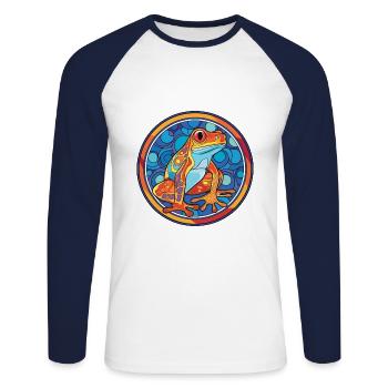 Frosch buntes Aquarell Tier Haustier Illustration - Unisex Baseballshirt langarm - Weiß/Navy - Vorne - Nik (191cm)