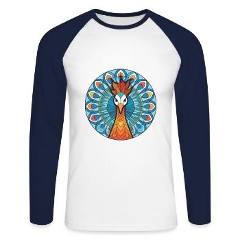 Pfau Buntes Aquarell Tier Illustration - Unisex Baseballshirt langarm - Weiß/Navy - Vorne - Nik (191cm)