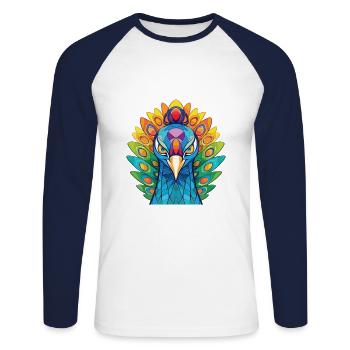Pfau Buntes Aquarell Tier Illustration - Unisex Baseballshirt langarm - Weiß/Navy - Vorne - Nik (191cm)