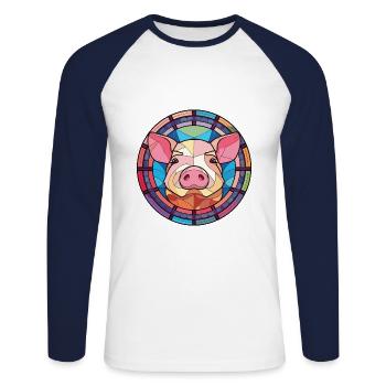 Pig Colorful Watercolor Animal Pet Illustration - Unisex Long Sleeve Baseball T-Shirt - white/navy - Front - Nik (191cm)