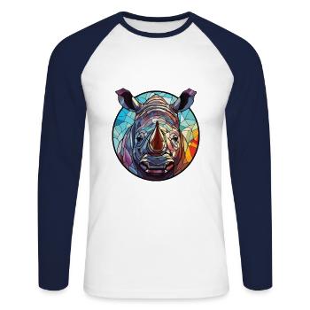 Rhino Colorful Watercolor Animal Pet Illustration - Unisex Long Sleeve Baseball T-Shirt - white/navy - Front - Nik (191cm)