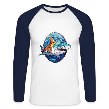 Shark Colorful Watercolor Animal Pet Illustration - Unisex Long Sleeve Baseball T-Shirt - white/navy - Front - Nik (191cm)