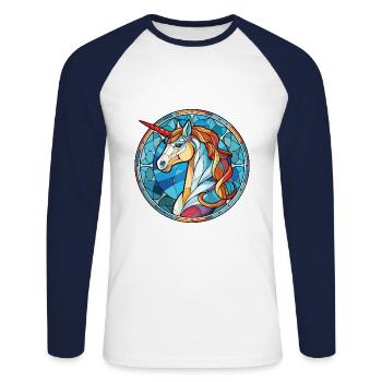 Einhorn bunte Aquarell Tier Illustration - Unisex Baseballshirt langarm - Weiß/Navy - Vorne - Nik (191cm)