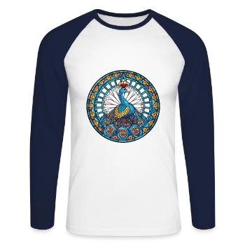 Pfau Buntes Aquarell Tier Illustration - Unisex Baseballshirt langarm - Weiß/Navy - Vorne - Nik (191cm)