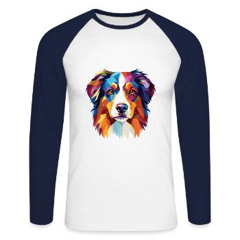 Berger australien chien race aquarelle colorée - T-shirt baseball manches longues Homme - blanc/marine - Devant - Nik (191cm)