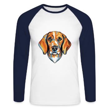 Aquarelle de chien Foxhound de Virginie noir et feu - T-shirt baseball manches longues Homme - blanc/marine - Devant - Nik (191cm)