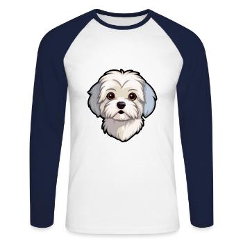 Chien maltais race Cartoon Kawaii Illustration - T-shirt baseball manches longues Homme - blanc/marine - Devant - Nik (191cm)