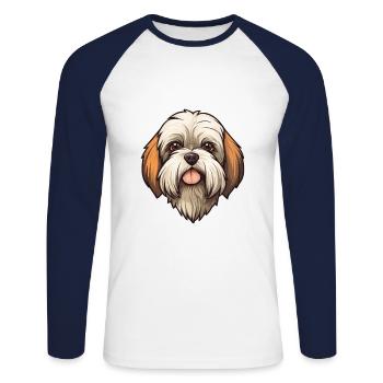 Lhassa Apso chien race dessin animé Kawaii Illustration - T-shirt baseball manches longues Homme - blanc/marine - Devant - Nik (191cm)