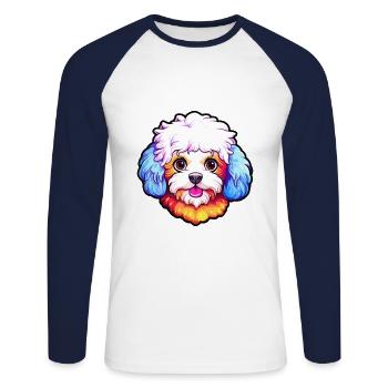 Bichon Frise chien race Cartoon Kawaii Illustration - T-shirt baseball manches longues Homme - blanc/marine - Devant - Nik (191cm)