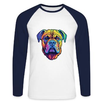Bullmastiff chien race dessin animé Kawaii Illustration - T-shirt baseball manches longues Homme - blanc/marine - Devant - Nik (191cm)