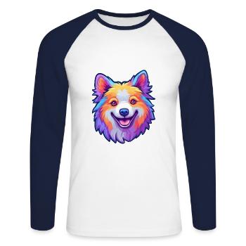 Nordique Spitz chien race Cartoon Kawaii Illustration - T-shirt baseball manches longues Homme - blanc/marine - Devant - Nik (191cm)