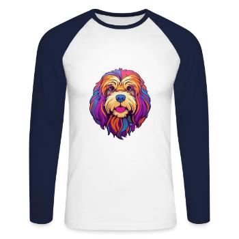 Lhassa Apso chien race dessin animé Kawaii Illustration - T-shirt baseball manches longues Homme - blanc/marine - Devant - Nik (191cm)