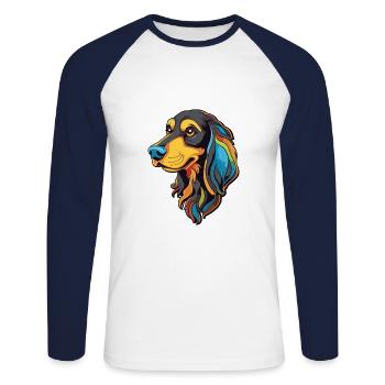 Illustration de race de chien beige noir Cartoon Kawaii - T-shirt baseball manches longues Homme - blanc/marine - Devant - Nik (191cm)