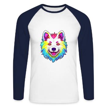 Indien Spitz chien race Cartoon Kawaii Illustration - T-shirt baseball manches longues Homme - blanc/marine - Devant - Nik (191cm)