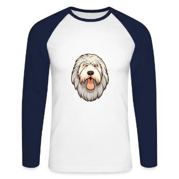 Vieux chien de berger anglais chien race dessin animé Kawaii Illu - T-shirt baseball manches longues Homme - blanc/marine - Devant - Nik (191cm)
