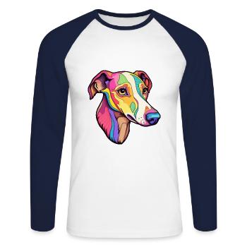 Whippet chien race dessin animé Kawaii Illustration - T-shirt baseball manches longues Homme - blanc/marine - Devant - Nik (191cm)