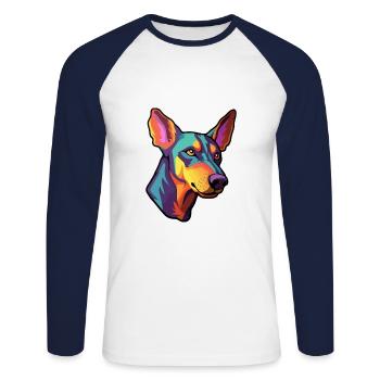 Dobermann Pinscher Hunderasse Cartoon Kawaii Illustration - Unisex Baseballshirt langarm - Weiß/Navy - Vorne - Nik (191cm)