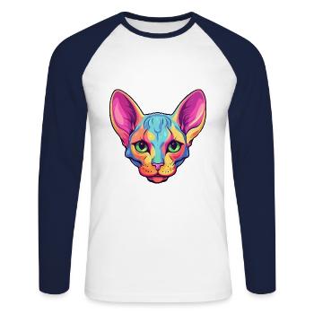 Peterbald Cat Breed aquarelle Cartoon Kawaii Pet - T-shirt baseball manches longues Homme - blanc/marine - Devant - Nik (191cm)