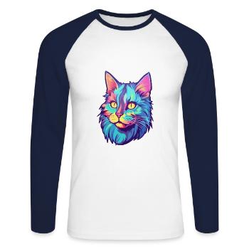 Américain Bobtail chat aquarelle dessin animé Kawaii - T-shirt baseball manches longues Homme - blanc/marine - Devant - Nik (191cm)