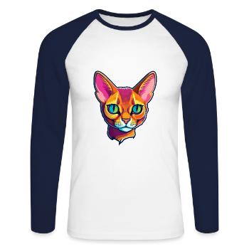 Chat abyssin à poil court aquarelle dessin animé Kawaii - T-shirt baseball manches longues Homme - blanc/marine - Devant - Nik (191cm)
