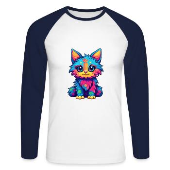Chat Aquarelle Colorée Dessin Animé Kawaii Animal - T-shirt baseball manches longues Homme - blanc/marine - Devant - Nik (191cm)