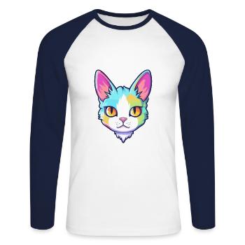 Japonais Bobtail chat aquarelle dessin animé Kawaii - T-shirt baseball manches longues Homme - blanc/marine - Devant - Nik (191cm)