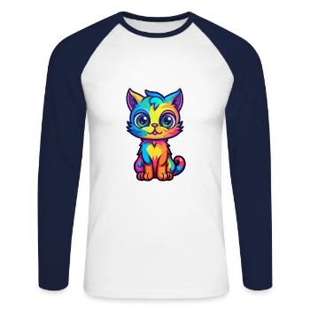 Chat Aquarelle Colorée Dessin Animé Kawaii Animal - T-shirt baseball manches longues Homme - blanc/marine - Devant - Nik (191cm)