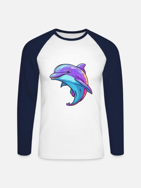 Dolfijn Kleurrijke Aquarel Cartoon Kawaii Dier - Mannen baseballshirt lange mouw - wit/navy