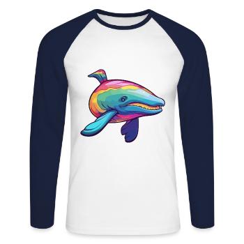 Wal bunte Aquarell-Karikatur Kawaii-Tier - Unisex Baseballshirt langarm - Weiß/Navy - Vorne - Nik (191cm)
